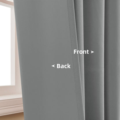 Grey velvet blackout curtains front and back construction, soft fabric texture shown with 'Front' and 'Back' labels.
