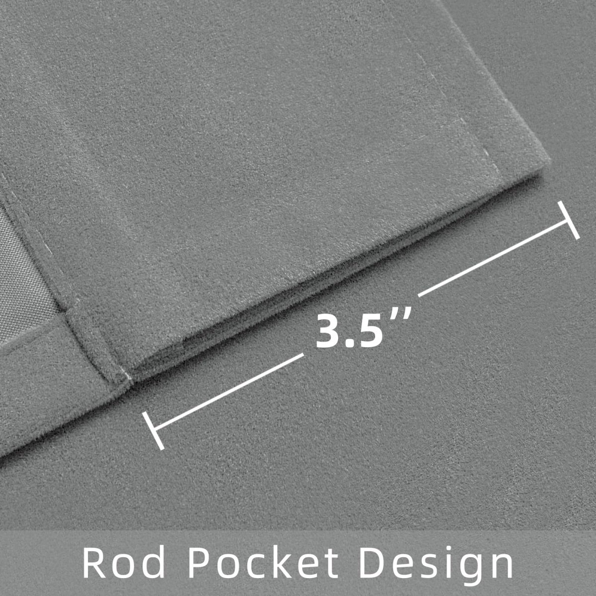 Close-up of grey velvet curtain showing 3.5 inch rod pocket design and soft fabric texture.