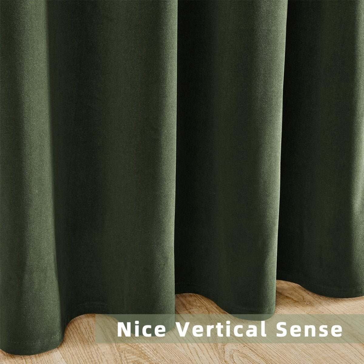 Close-up of Joydeco luxury olive green velvet blackout curtains, showing soft texture and thick drape.