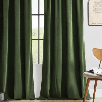 Joydeco olive green velvet blackout curtains. Soft, thermal insulated, rod pocket design shown hanging. Ideal for bedroom.