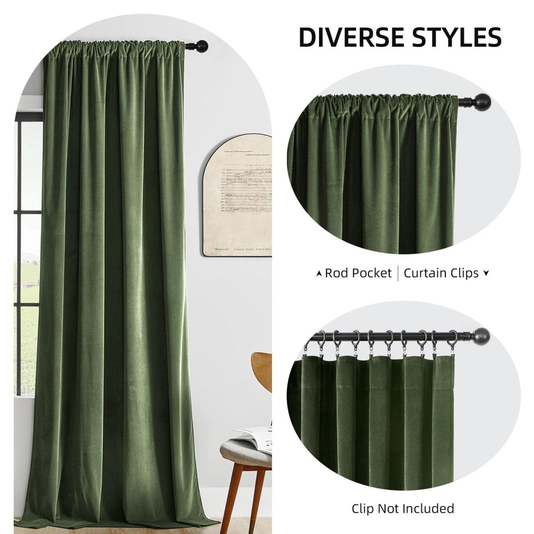 Joydeco olive green velvet curtains showcasing rod pocket and clip-on hanging styles, highlighting soft fabric texture.