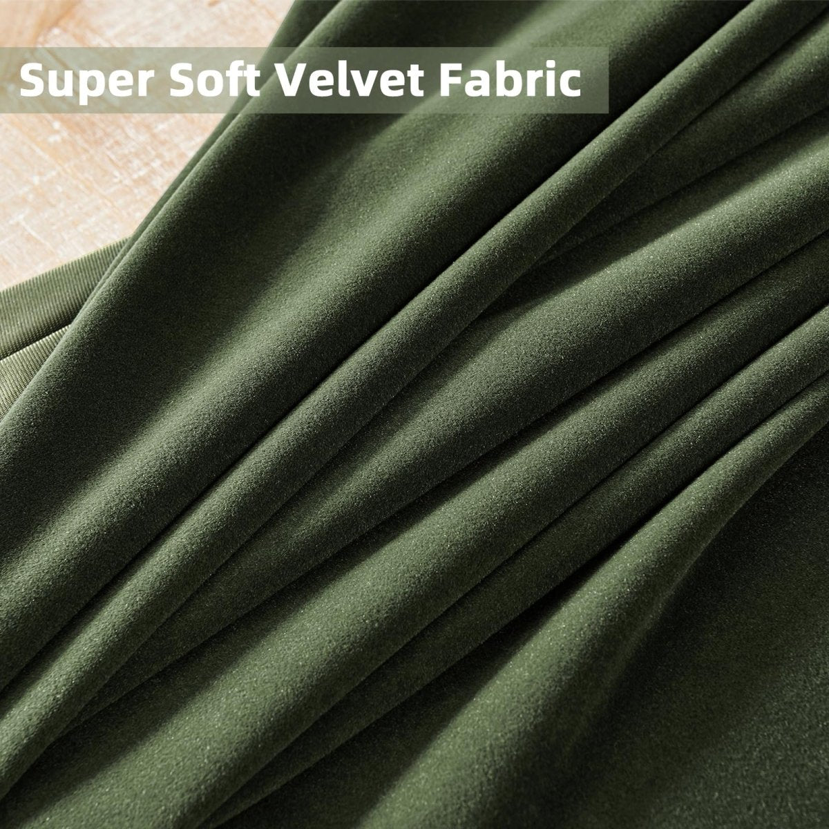 Close-up of Joydeco olive green velvet blackout curtain fabric, showcasing super soft, plush texture and rich color.