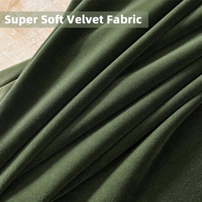 Close-up of Joydeco olive green velvet blackout curtain fabric, showcasing super soft, plush texture and rich color.