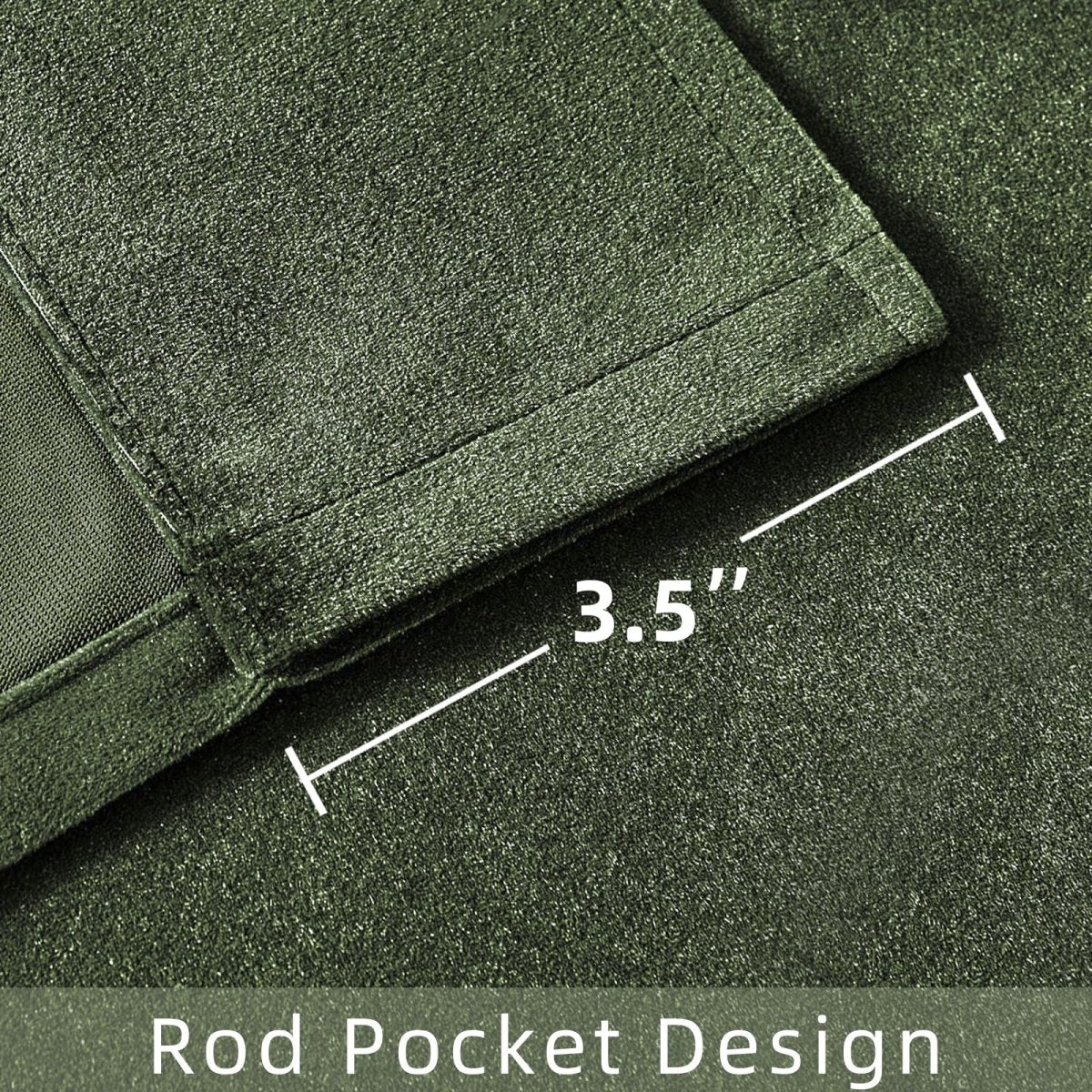 Close-up of olive green velvet curtain showing plush texture and 3.5-inch rod pocket for easy installation.