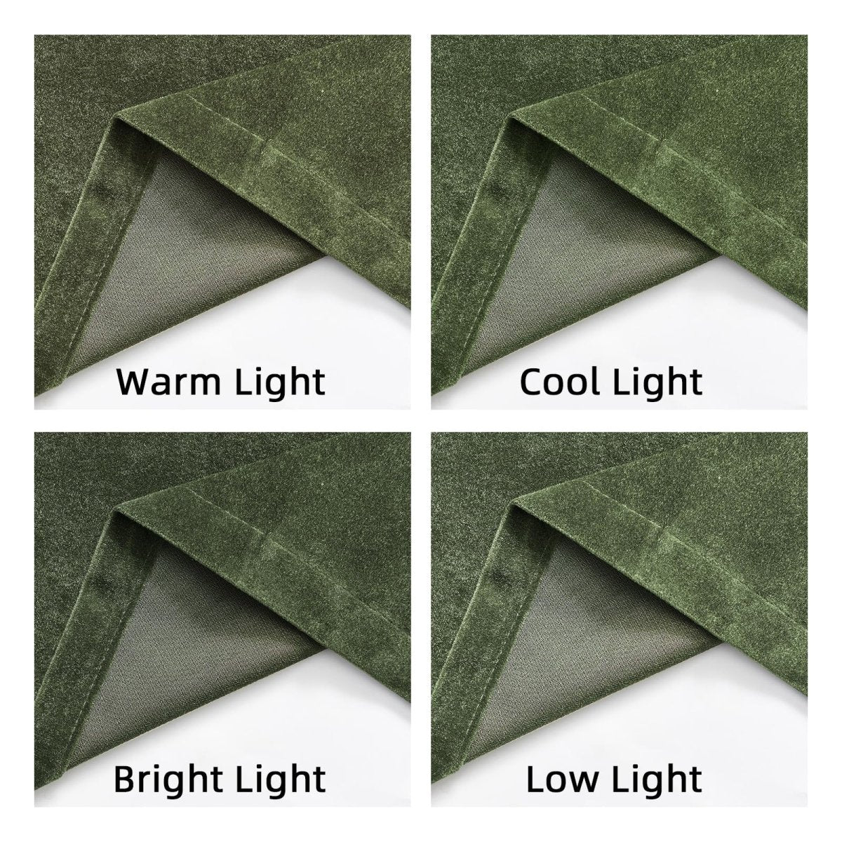 Joydeco olive green velvet curtains: light blocking demo in warm, cool, bright, low light. Plush texture.