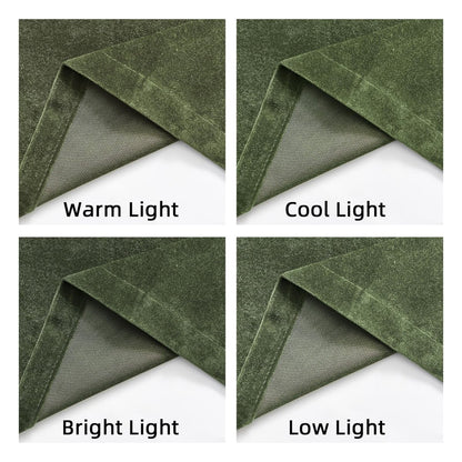 Joydeco olive green velvet curtains: light blocking demo in warm, cool, bright, low light. Plush texture.