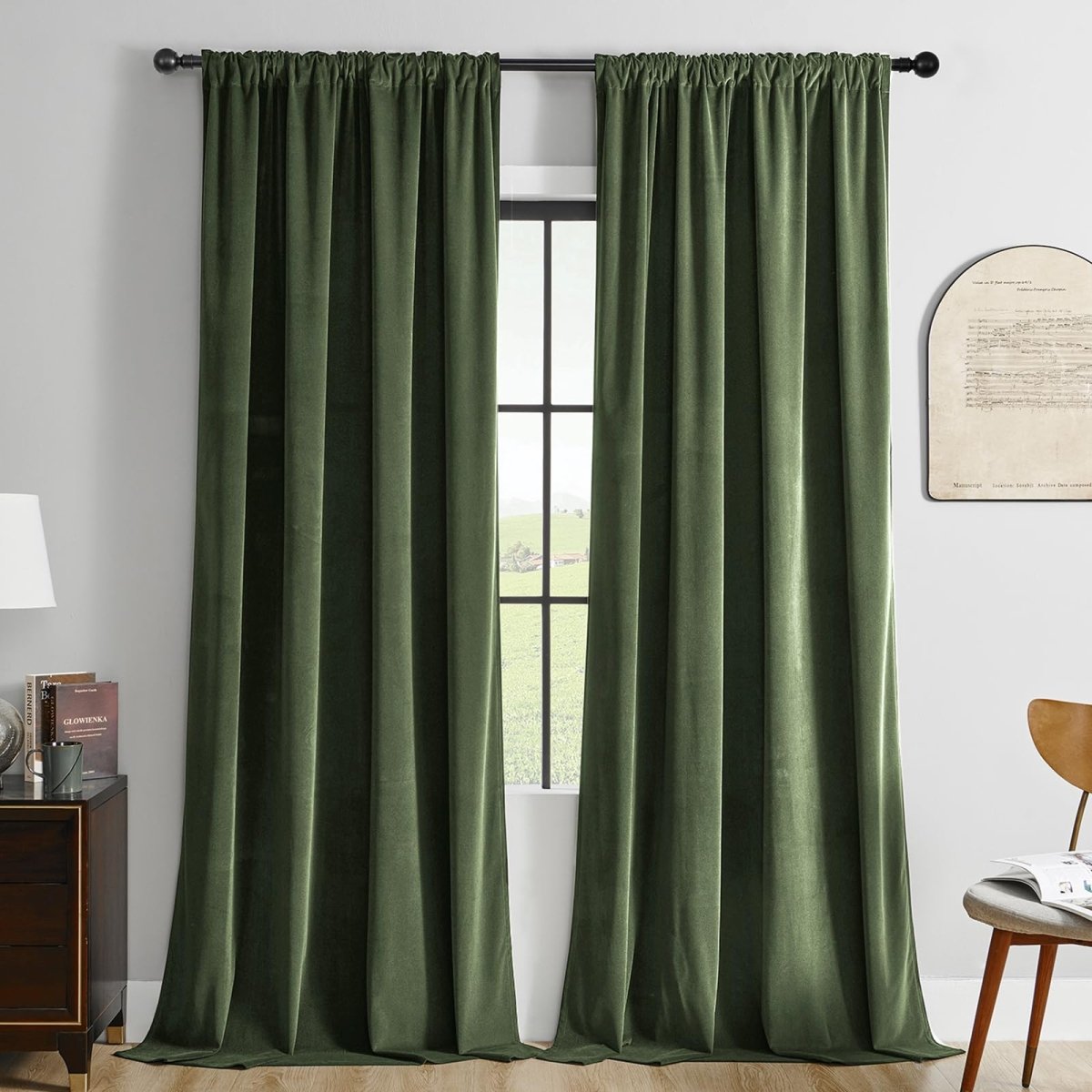 Joydeco Olive Green Velvet Blackout Curtains, 2 panels with rod pocket, thermal insulated, super soft.