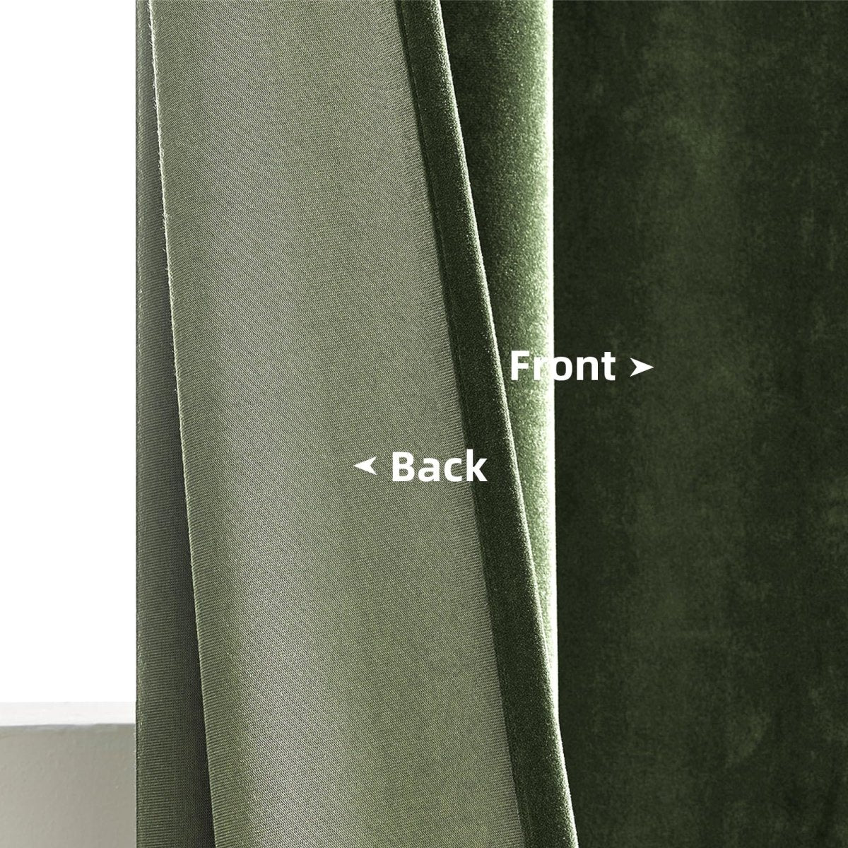 Joydeco olive green velvet curtains, showing plush front and thermal backing construction for blackout and insulation.
