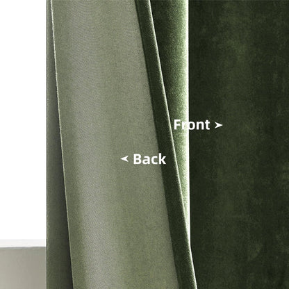 Joydeco olive green velvet curtains, showing plush front and thermal backing construction for blackout and insulation.