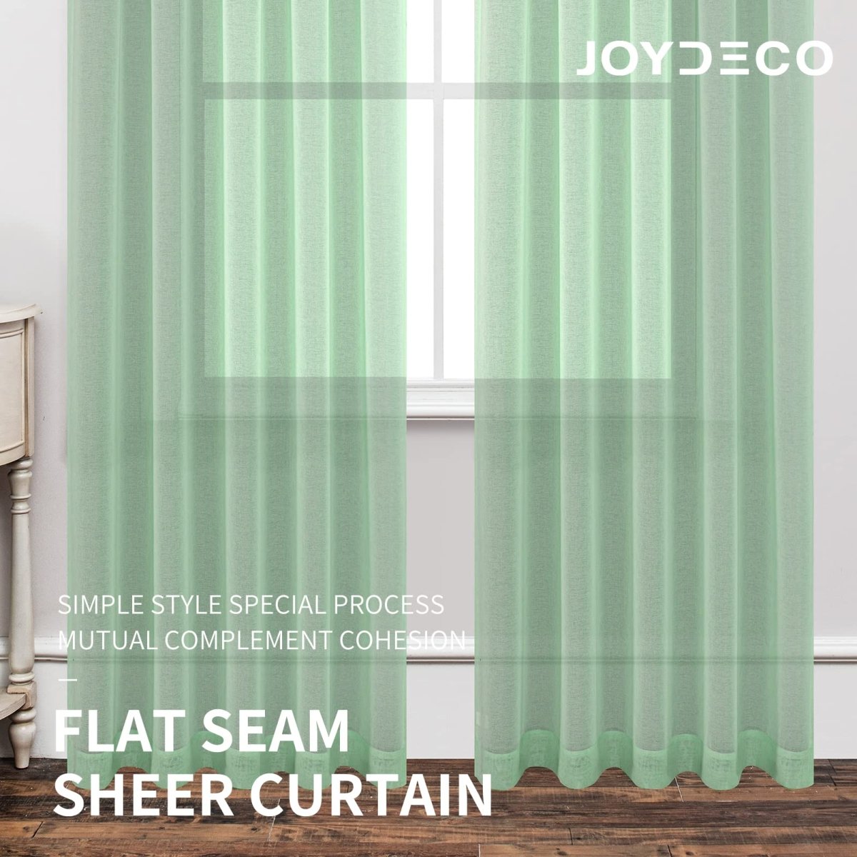 Joydeco mint green sheer curtains with rod pocket and vertical pleats, 2 panels, faux linen fabric.