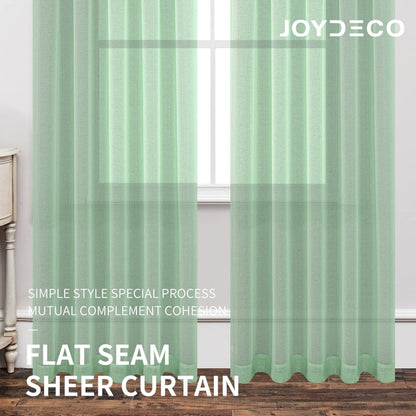 Joydeco mint green sheer curtains with rod pocket and vertical pleats, 2 panels, faux linen fabric.