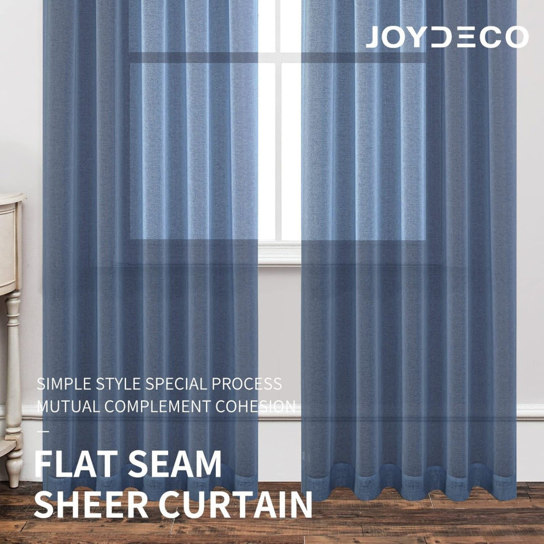 Joydeco navy blue faux linen sheer curtains, dual rod pocket, light filtering for living room.