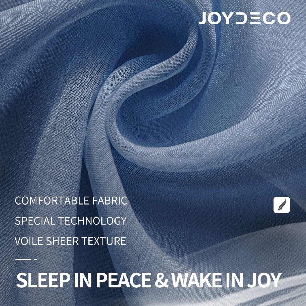 Joydeco navy blue sheer curtain close-up, showing faux linen fabric texture and overlaid text about features.