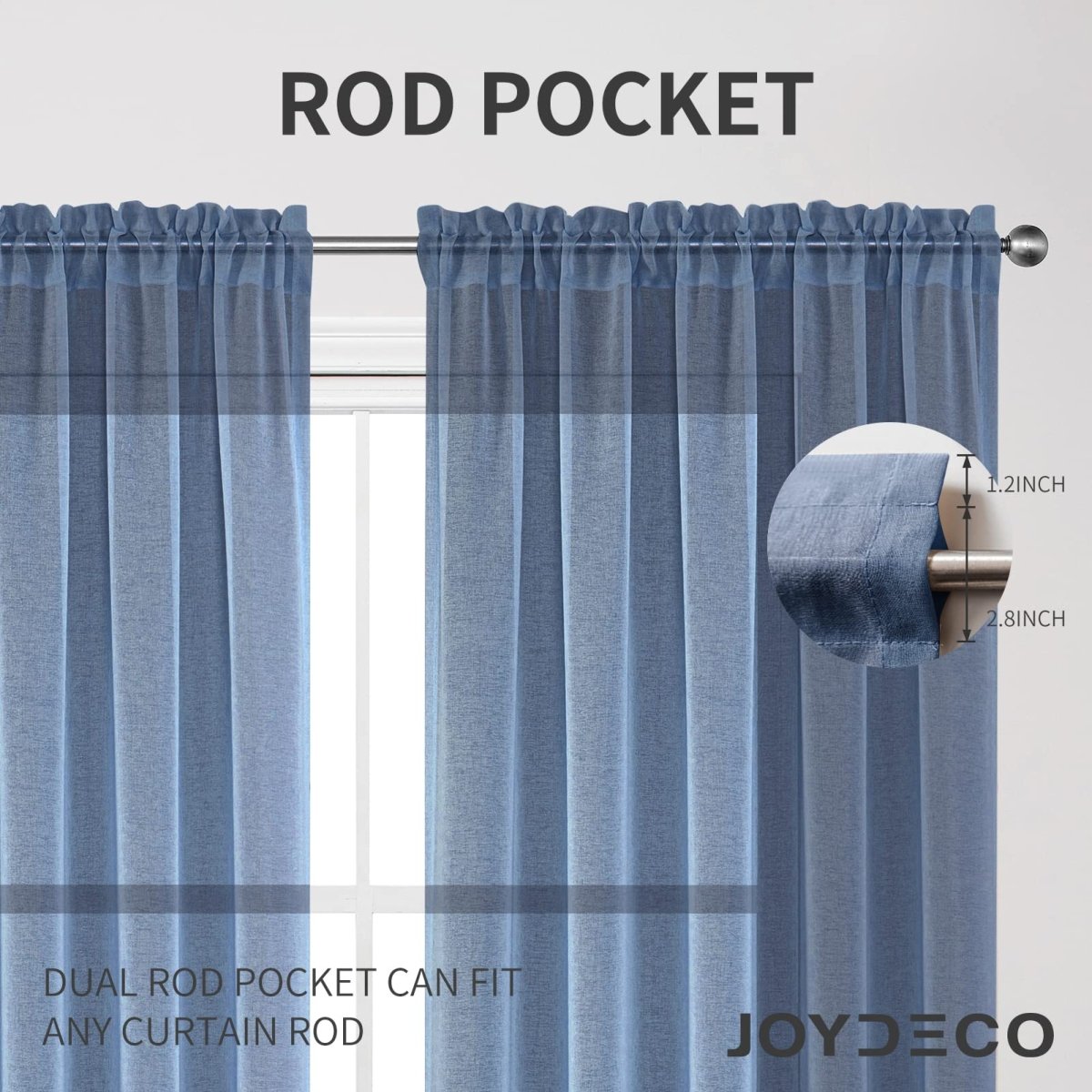 Joydeco navy blue sheer curtains with dual rod pocket fitting rods up to 2.8 inches wide for easy installation.