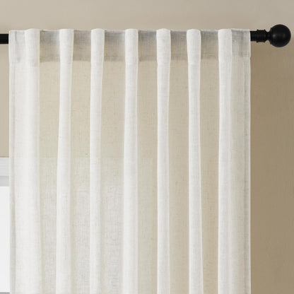 Close-up of off-white Joydeco linen sheer curtains with back tabs, showing texture and light filtering.