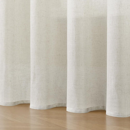 Close-up of off-white Joydeco linen blend sheer curtains, showcasing texture and elegant drape on a wooden floor.