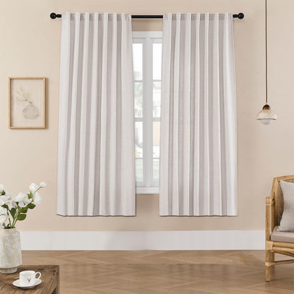 Joydeco white linen blackout curtains, pleated style for minimalist living room, natural texture, light blocking.
