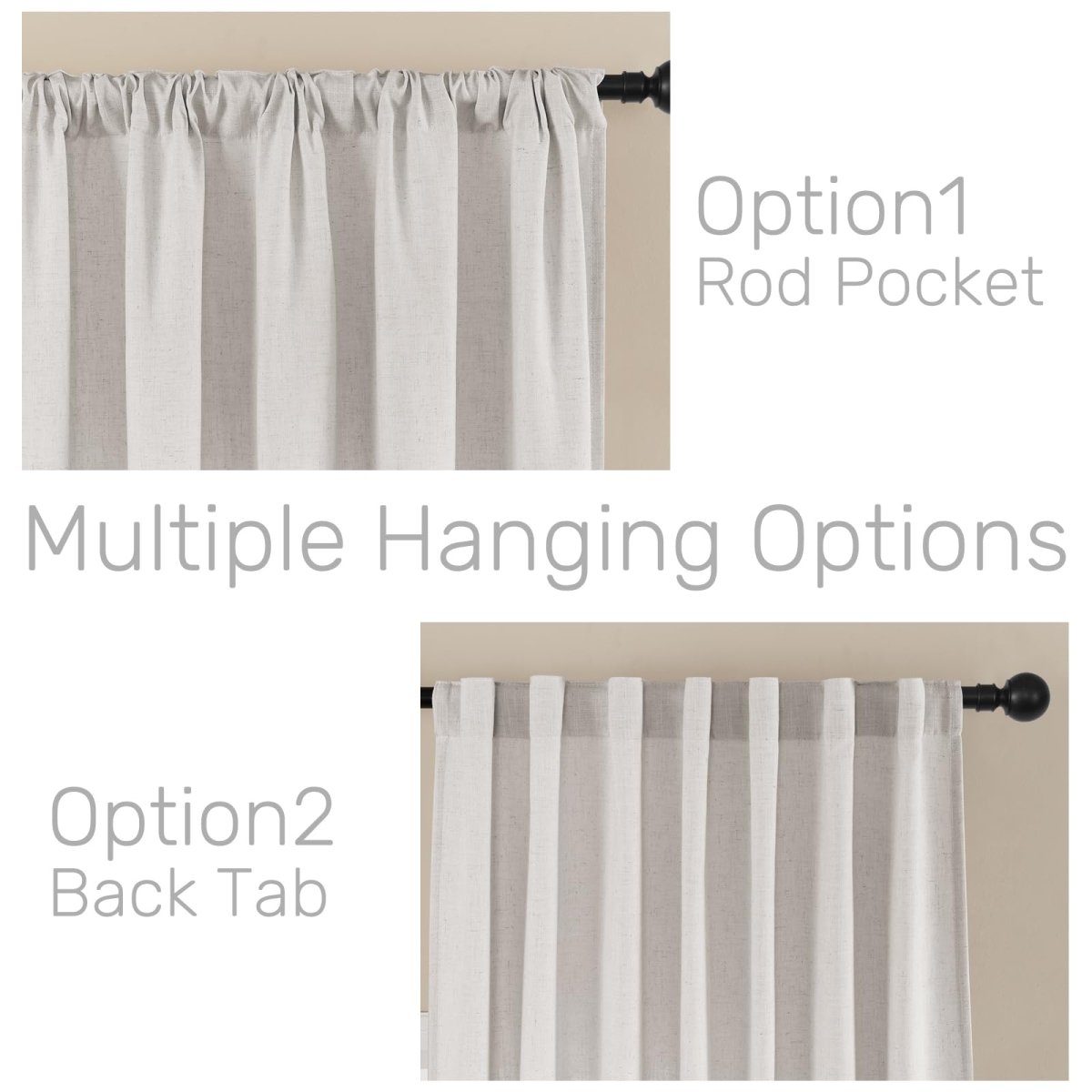 Joydeco Blanc De Blanc white linen curtains, multiple hanging options shown: rod pocket and back tab styles.
