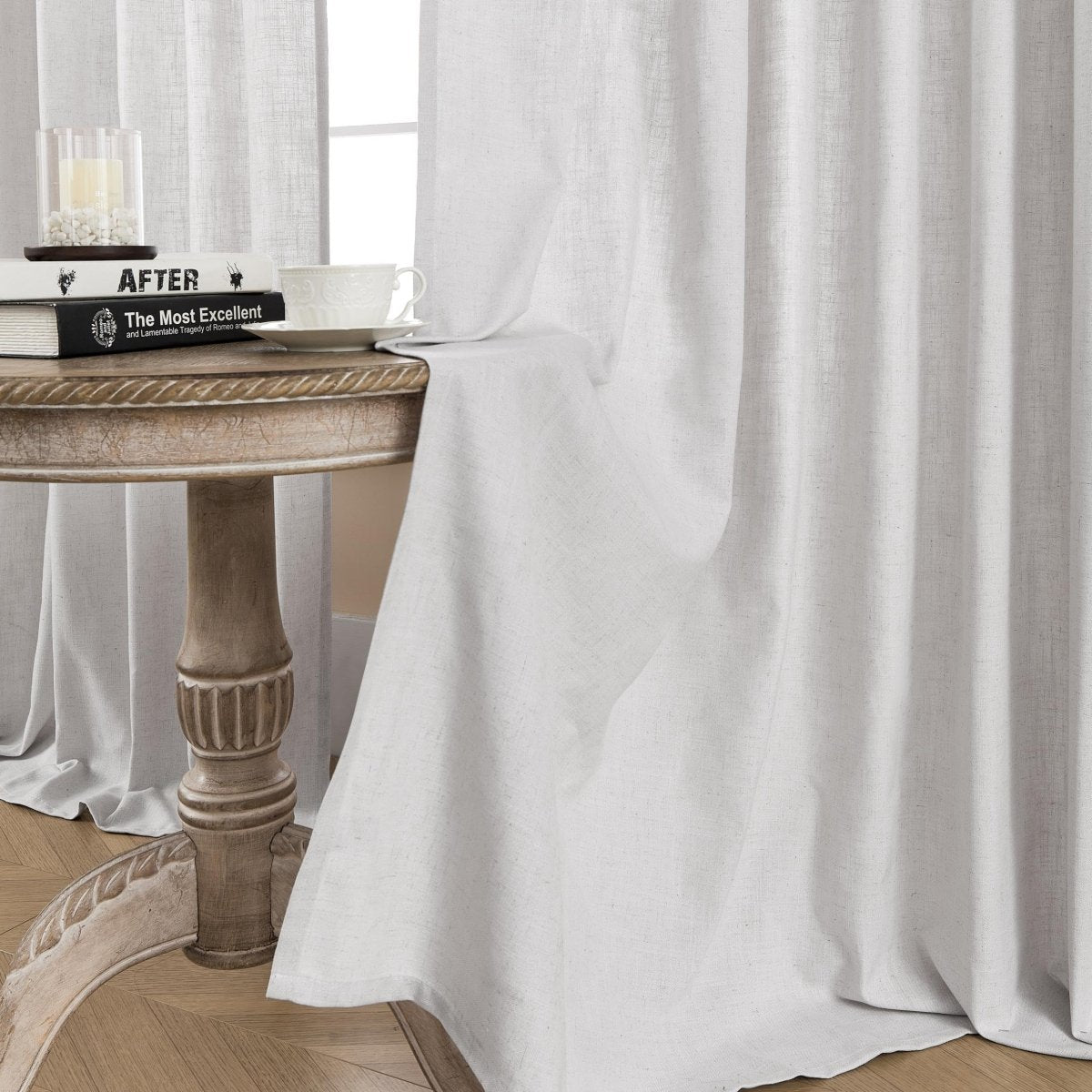Joydeco Blanc De Blanc white linen curtains, natural texture, elegant drape, styled living room.