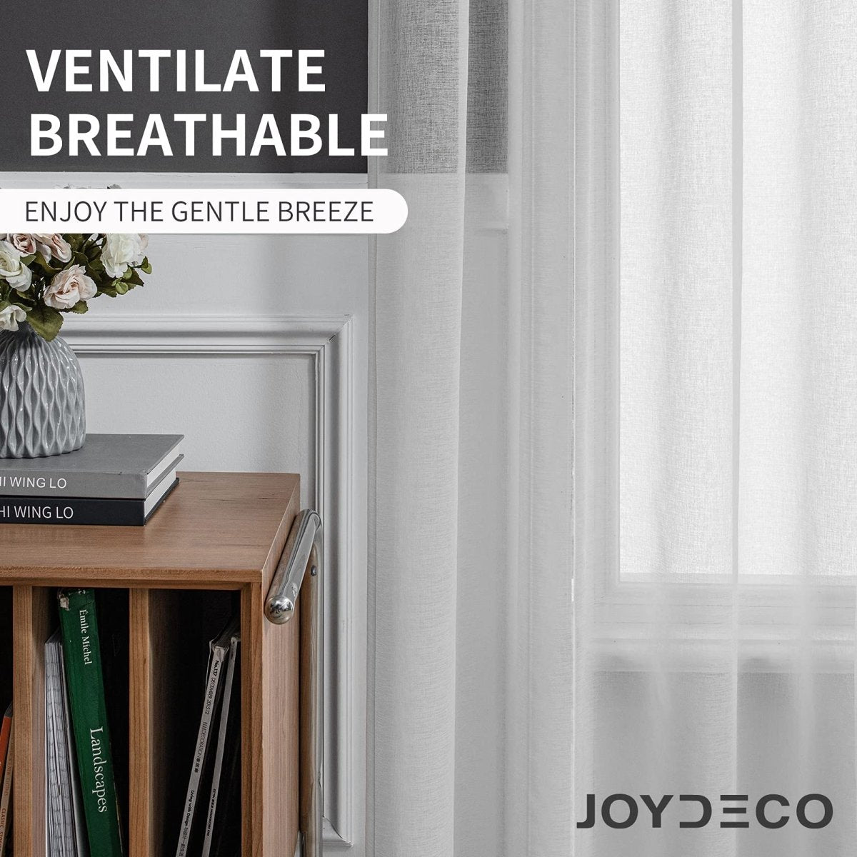 Joydeco off-white faux linen sheer curtains, ventilate breathable, with diamond embroidery on window.