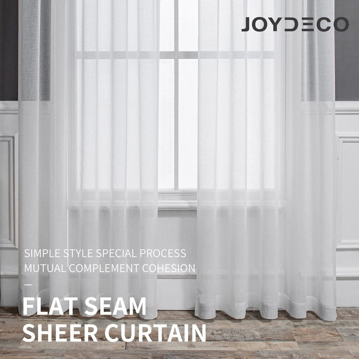 Joydeco off-white faux linen sheer curtains with diamond embroidery, light filtering, dual rod pocket design shown.