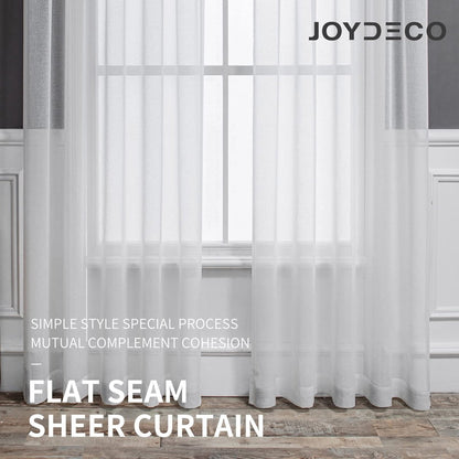 Joydeco off-white faux linen sheer curtains with diamond embroidery, light filtering, dual rod pocket design shown.