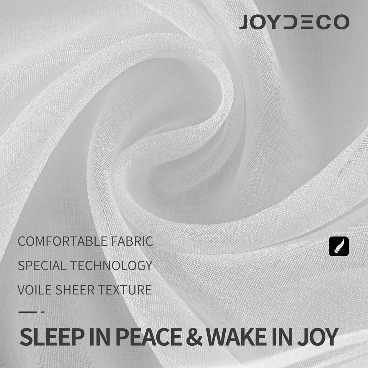 Joydeco off white sheer curtain fabric close-up, faux linen weave, soft folds, highlighting quality and comfort.