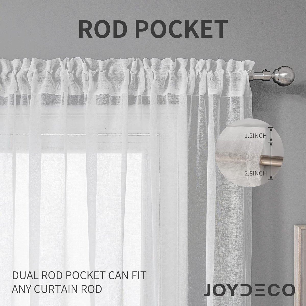 Joydeco off white sheer curtain with dual rod pocket fitting 1.2 and 2.8 inch rods.