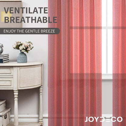 Joydeco red faux linen sheer curtains with rod pocket, displayed in a room setting, allowing light to filter through.