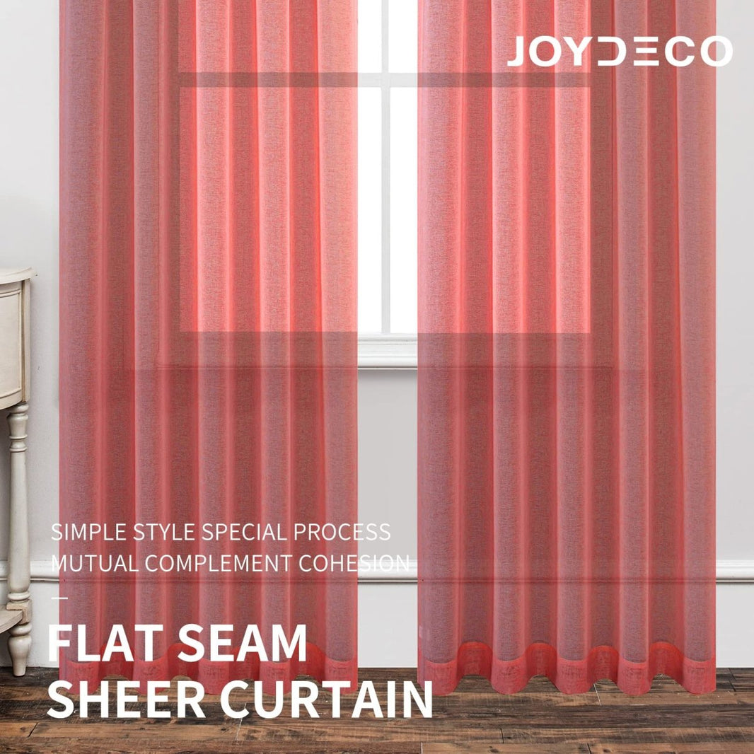 Joydeco red sheer curtains with faux linen texture and flat seam detail hanging on a window.
