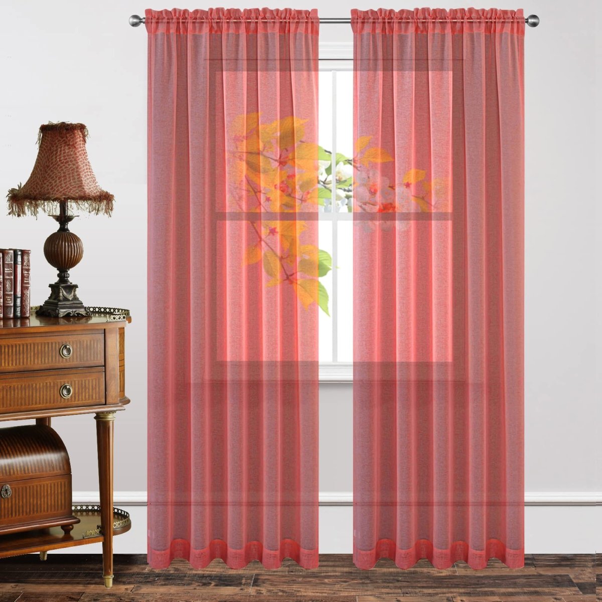 Joydeco Red Sheer Curtains with rod pocket, faux linen texture, displayed in a room setting.