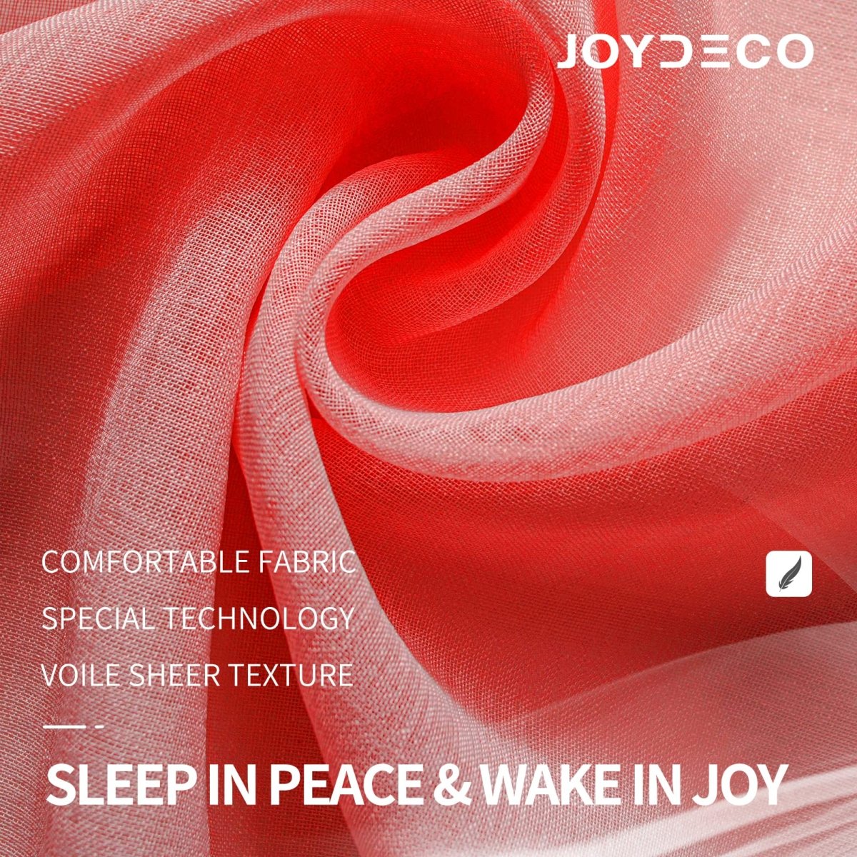 Joydeco red sheer curtains, faux linen texture close-up, voile fabric, showcasing material quality for home decor.