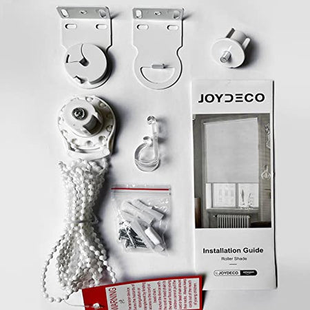 Joydeco roller blinds hardware kit for 28mm tube: brackets, clutch, chain, safety device, screws, instructions.