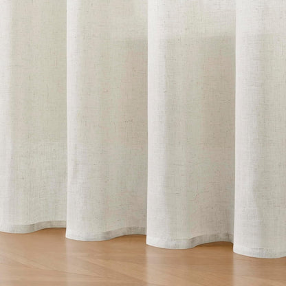 Joydeco white linen blend curtains with pinch pleats, showing texture and drape on a light wood floor.