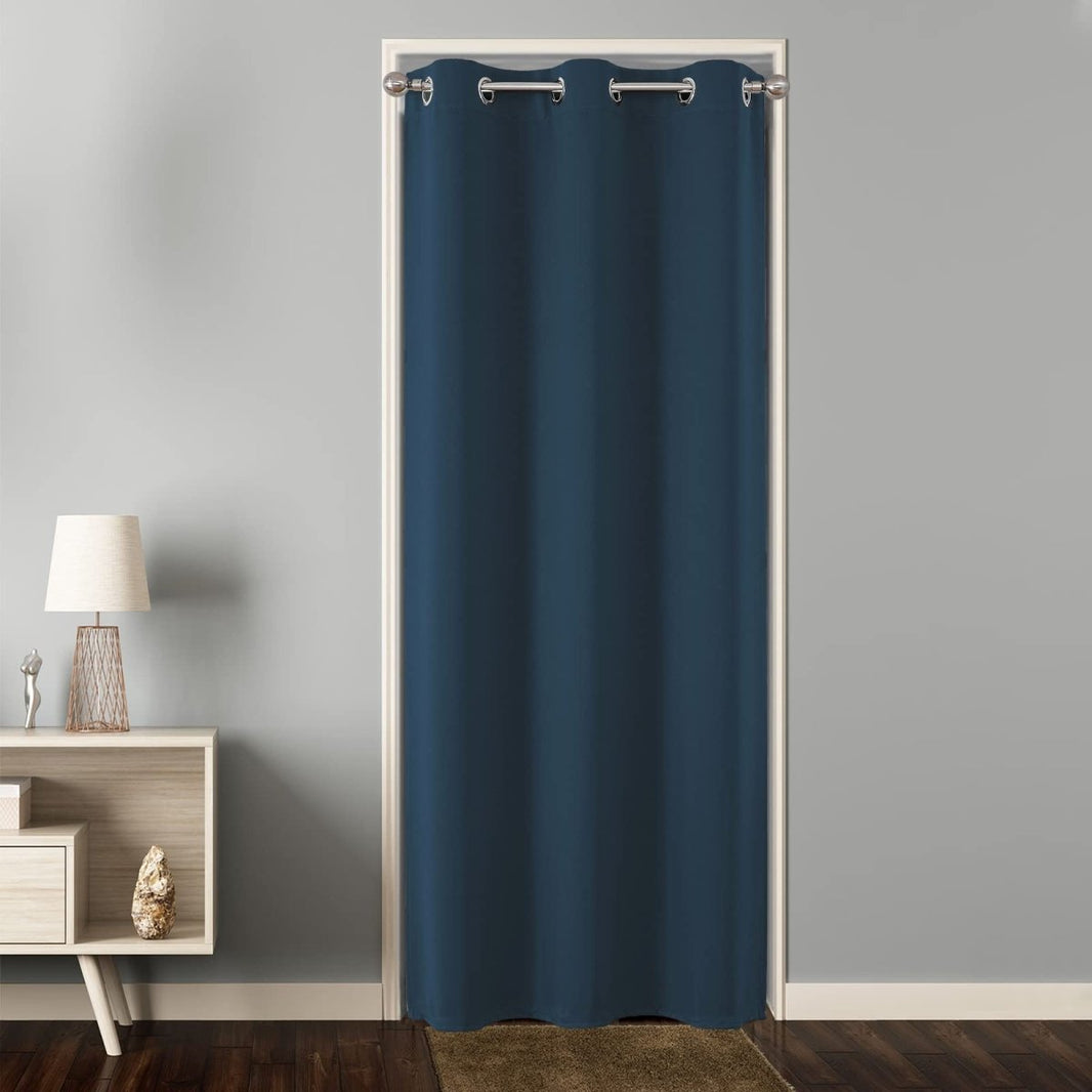 Navy blue single panel curtain door divider for doorway or closet, made of dense polyester fabric with grommets.
