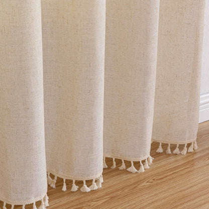 Joydeco beige linen boho curtains with slub texture and tassel trim, shown hanging to display material detail.