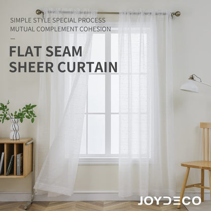 Joydeco white sheer faux linen curtains with diamond embroidery, rod pocket, filtering soft light.