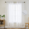 Joydeco white faux linen sheer curtains with diamond embroidery and dual rod pockets, shown in a room with natural light.
