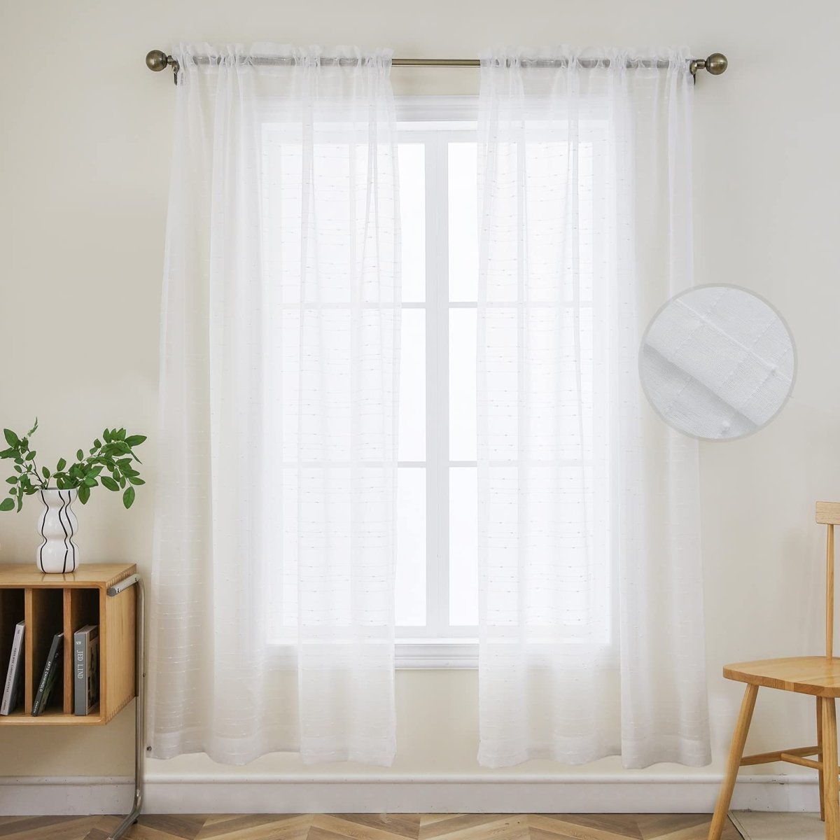 Joydeco white faux linen sheer curtains with diamond embroidery and dual rod pockets, shown in a room with natural light.