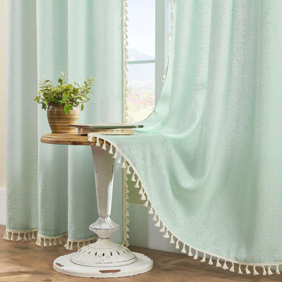 Joydeco Solid Mint Green Boho Linen Sheer Curtains with Tassel Trim and Embroidery - 2 Panels - Joydeco