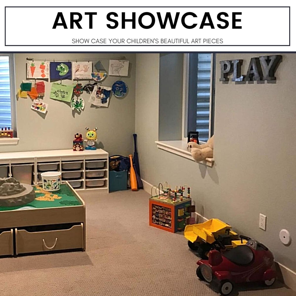 Joydeco stainless steel wire rod displaying children's art in a playroom with toys and storage.