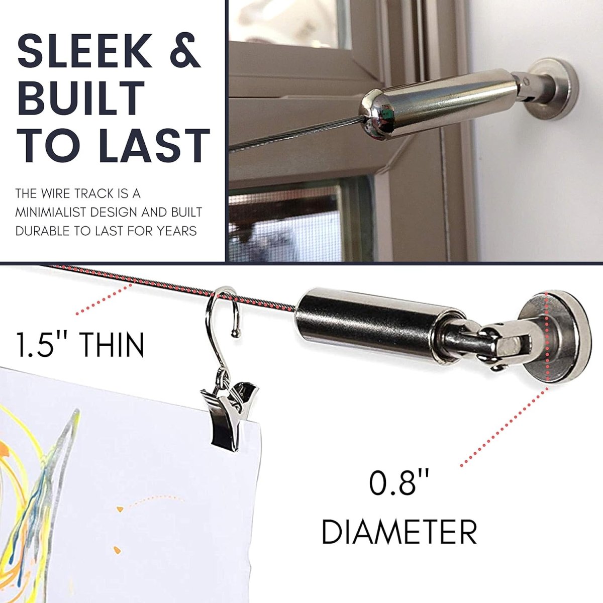 Joydeco stainless steel curtain wire system with wall mount & clip holding art, 1.5" thin profile, 0.8" bracket diameter.