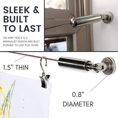 Joydeco stainless steel curtain wire system with wall mount & clip holding art, 1.5" thin profile, 0.8" bracket diameter.