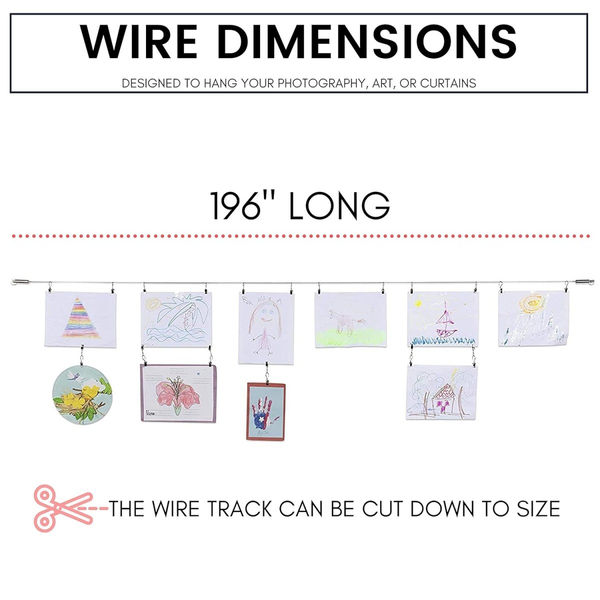 16.4ft stainless steel wire rod displays children's art and photos, customizable length for art display.