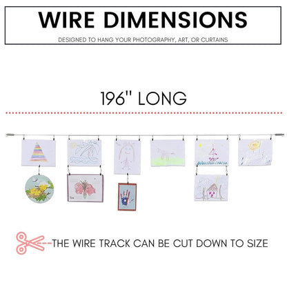 16.4ft stainless steel wire rod displays children's art and photos, customizable length for art display.
