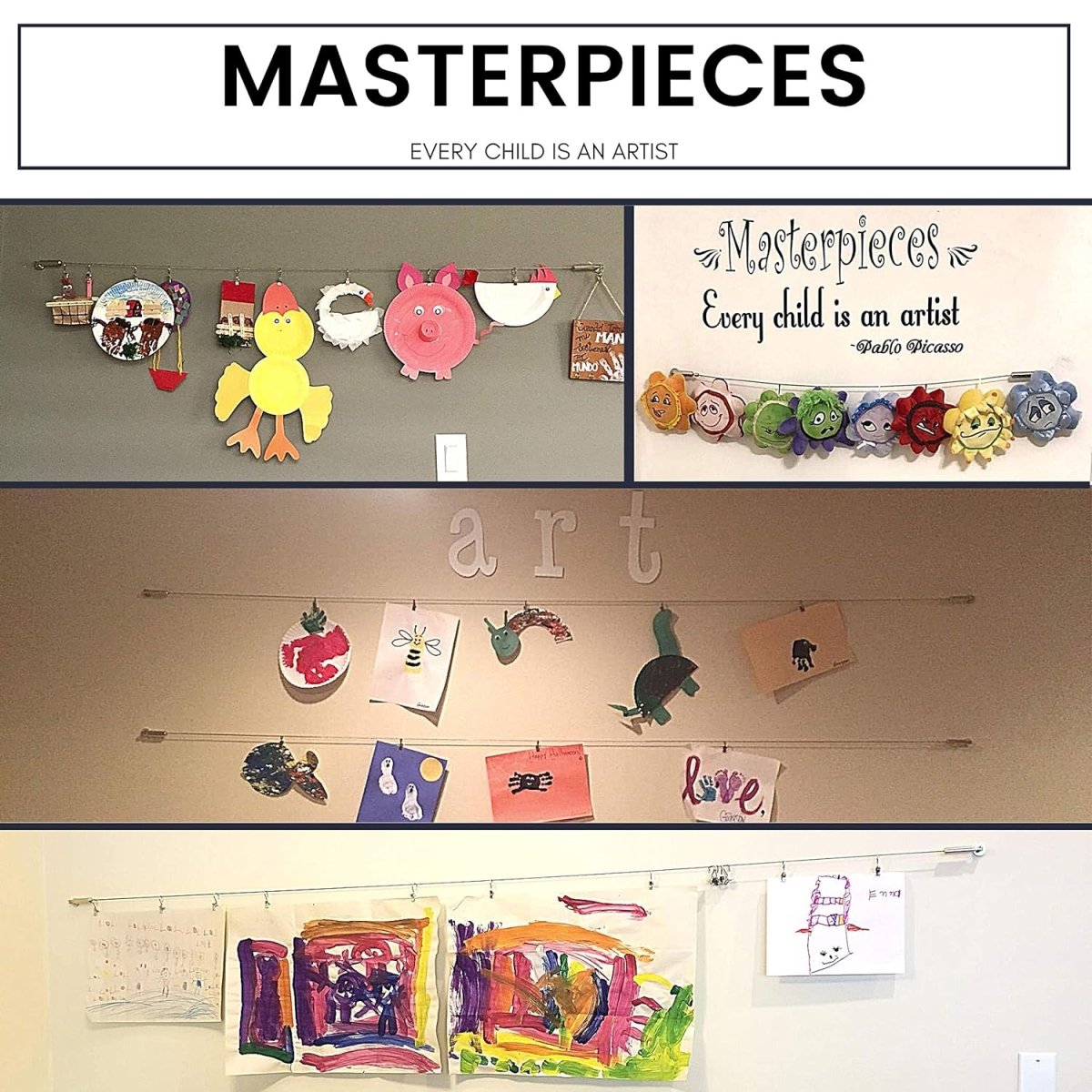 Joydeco stainless steel wire system displaying children's artwork and craft projects on a wall.