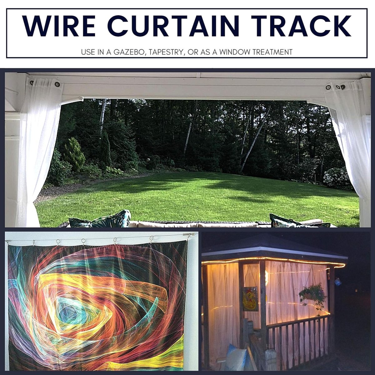 Joydeco stainless steel curtain wire track showcasing use as window treatment, tapestry display, and gazebo curtains.