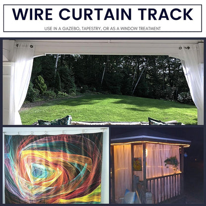 Joydeco stainless steel curtain wire track showcasing use as window treatment, tapestry display, and gazebo curtains.