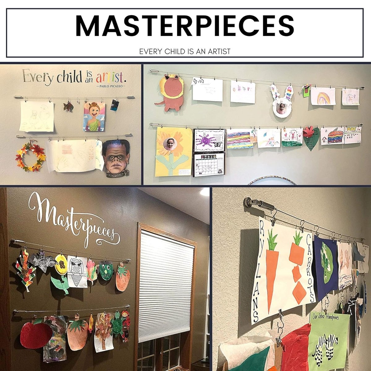 Joydeco curtain wire system displaying children's art on wall, with 'MASTERPIECES' and 'Every child is an artist' text.