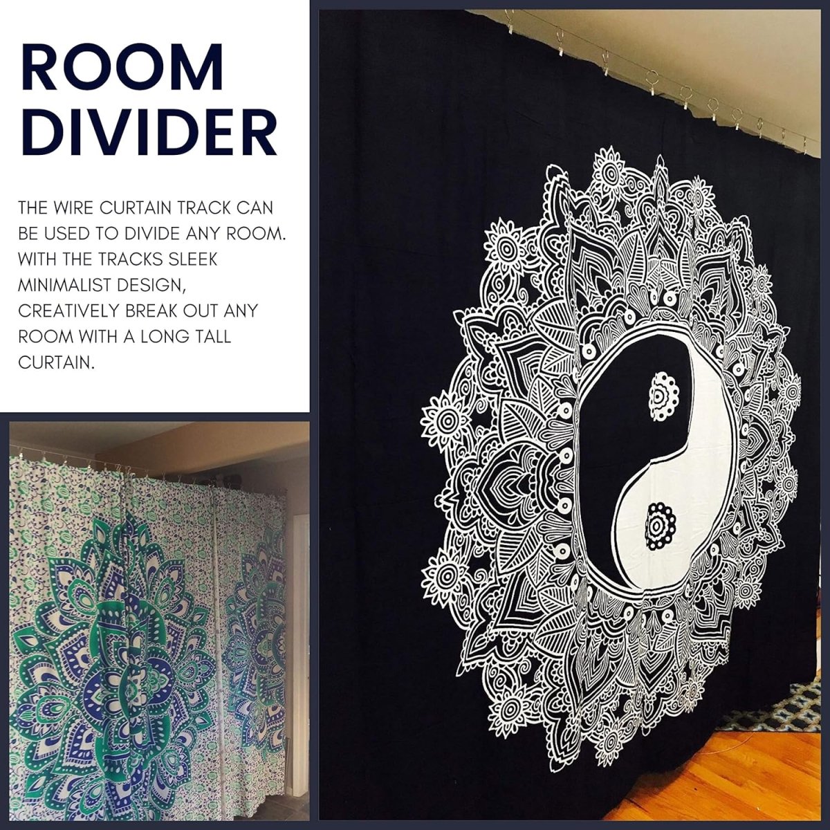 Joydeco stainless steel wire rod used as a room divider with black yin-yang mandala curtain, inset shows patterned curtains.